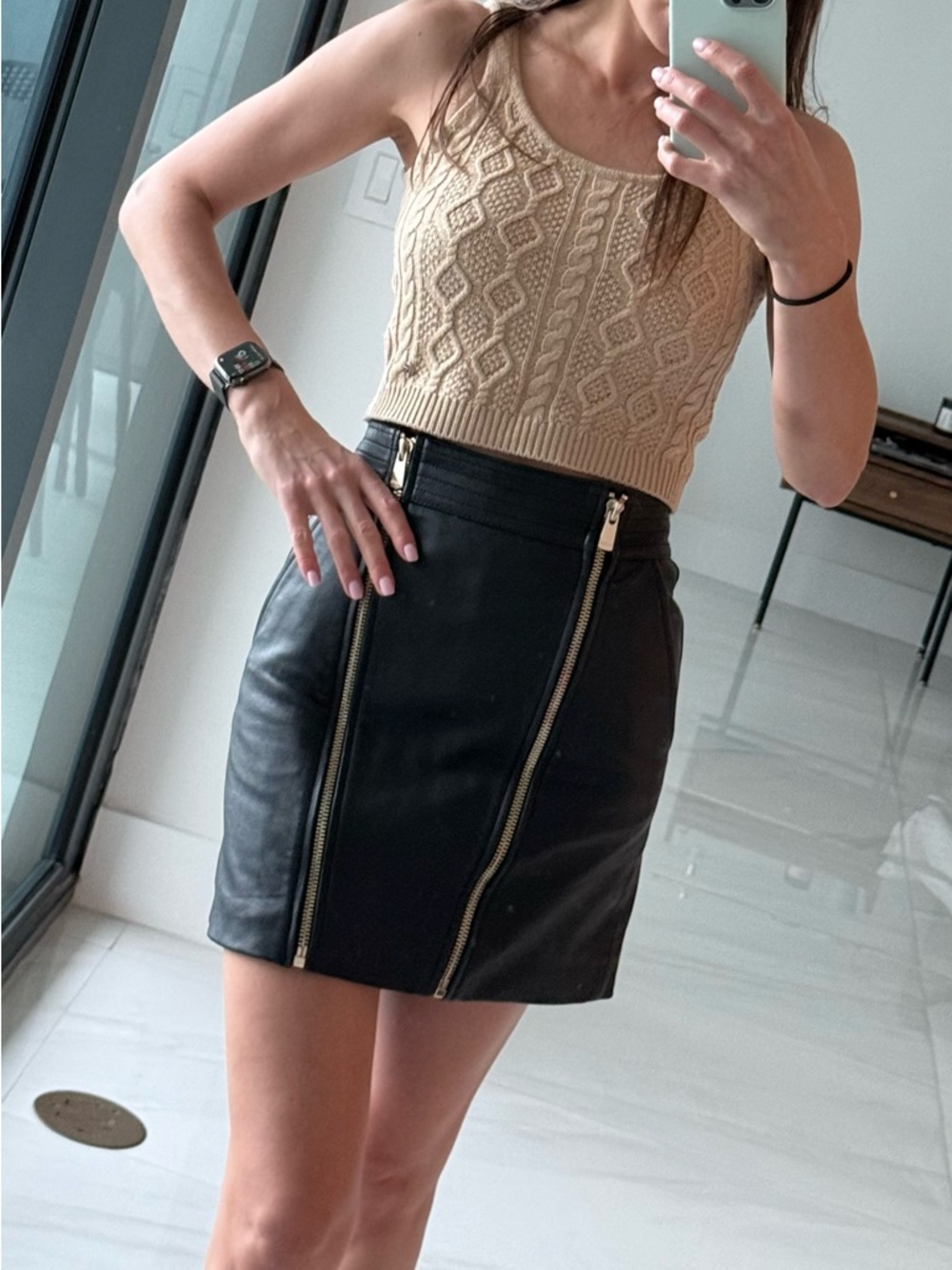 Pinko Black Leather Mini Skirt with Dual Gold Zippers